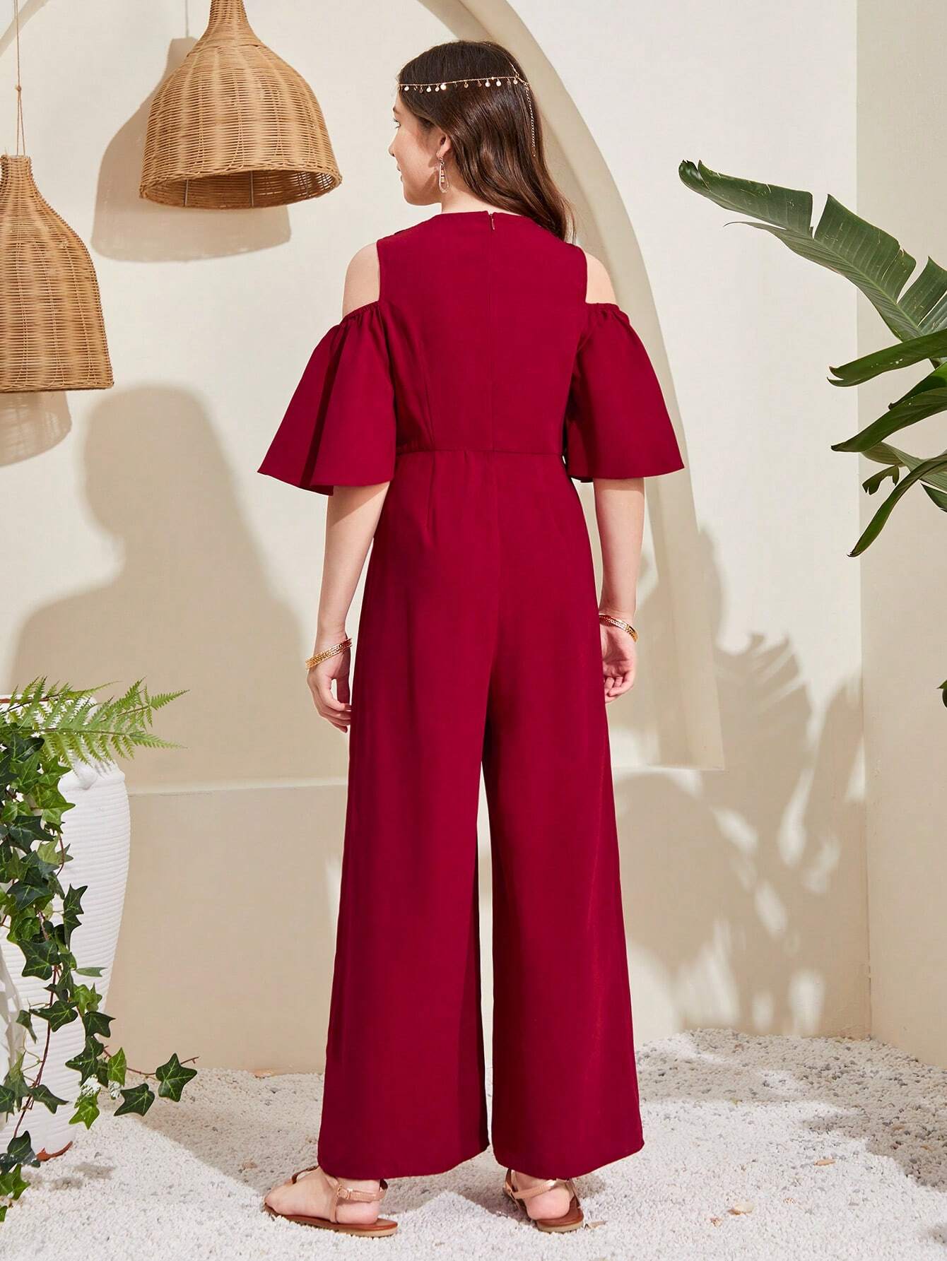 Teen Girl's Embroidered Jumpsuit With Off-Shoulder Design And Wide Leg In Solid Color And Patchwork