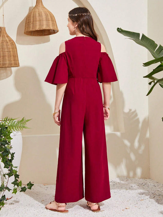 Teen Girl's Embroidered Jumpsuit With Off-Shoulder Design And Wide Leg In Solid Color And Patchwork