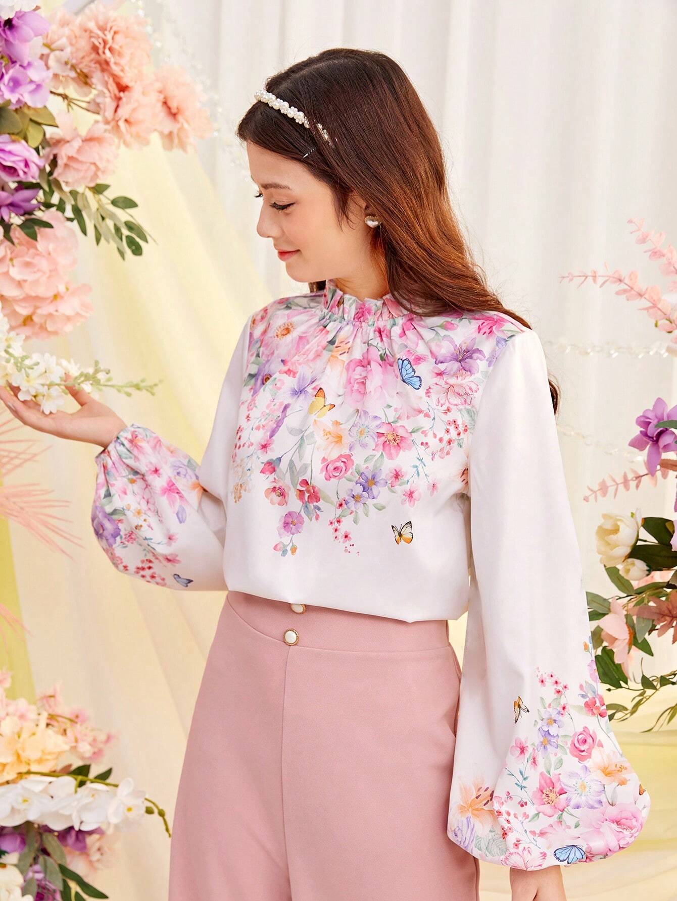 Teen Girl's Woven Floral Print Lantern Sleeve Shirt And Faux Pearl Button Decorated Pants Outfits