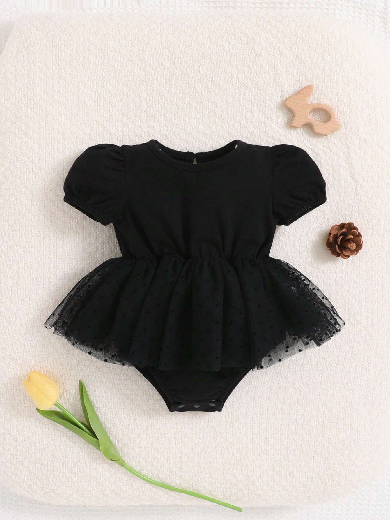 Newborn Baby Girl Solid Color Bubble Sleeve Mesh Ruffle Trim Bodysuit Black