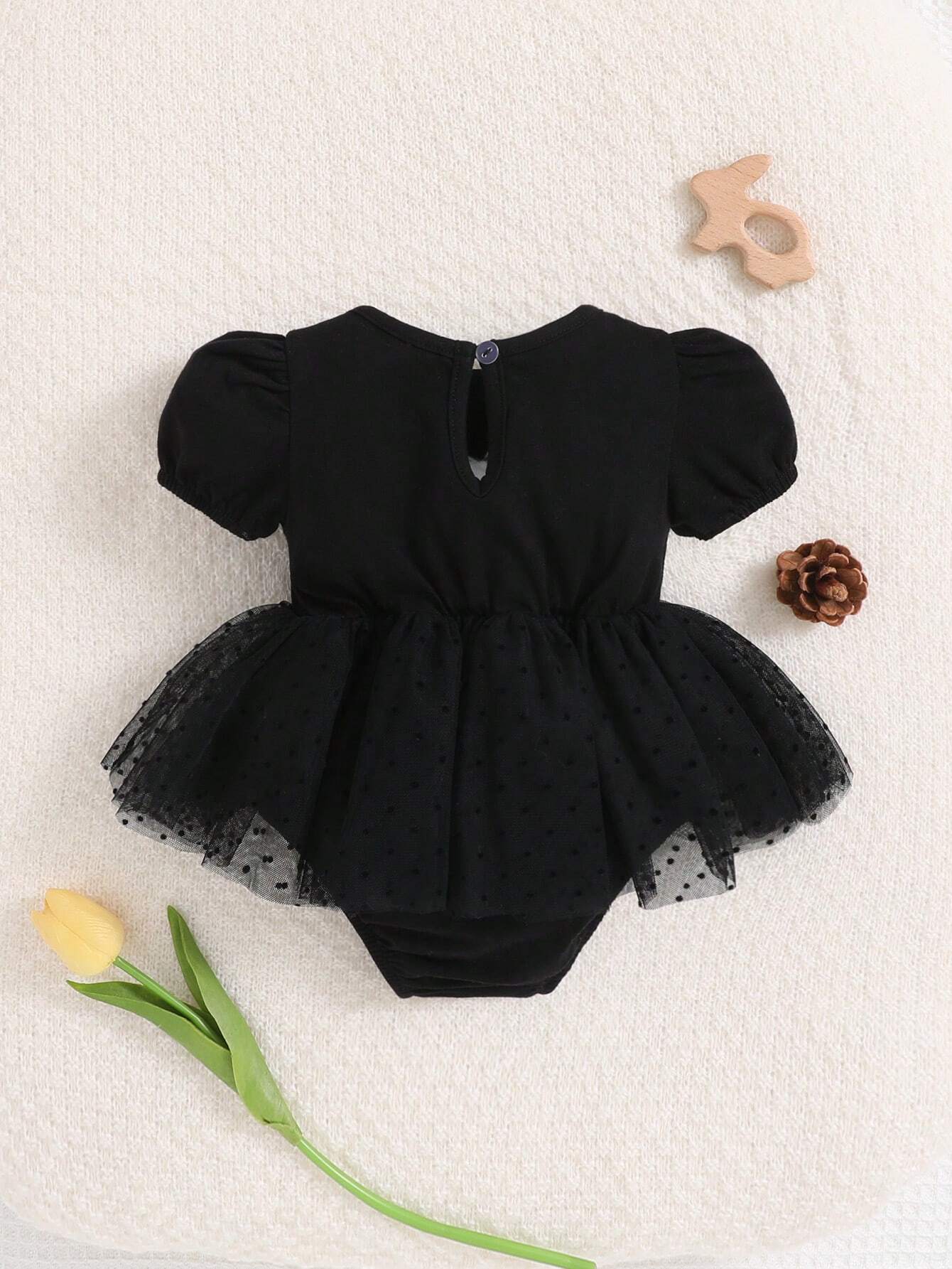 Newborn Baby Girl Solid Color Bubble Sleeve Mesh Ruffle Trim Bodysuit