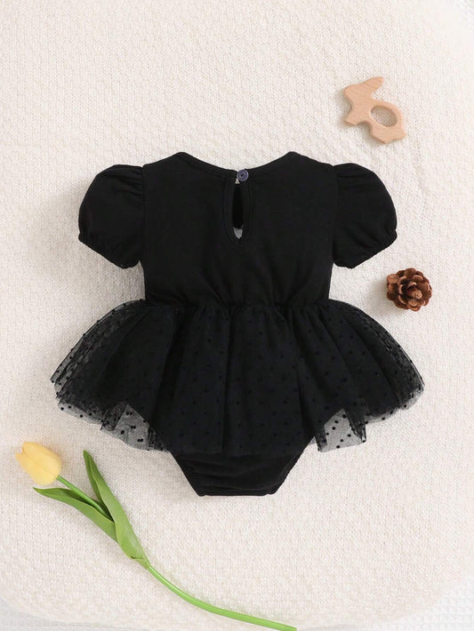 Newborn Baby Girl Solid Color Bubble Sleeve Mesh Ruffle Trim Bodysuit