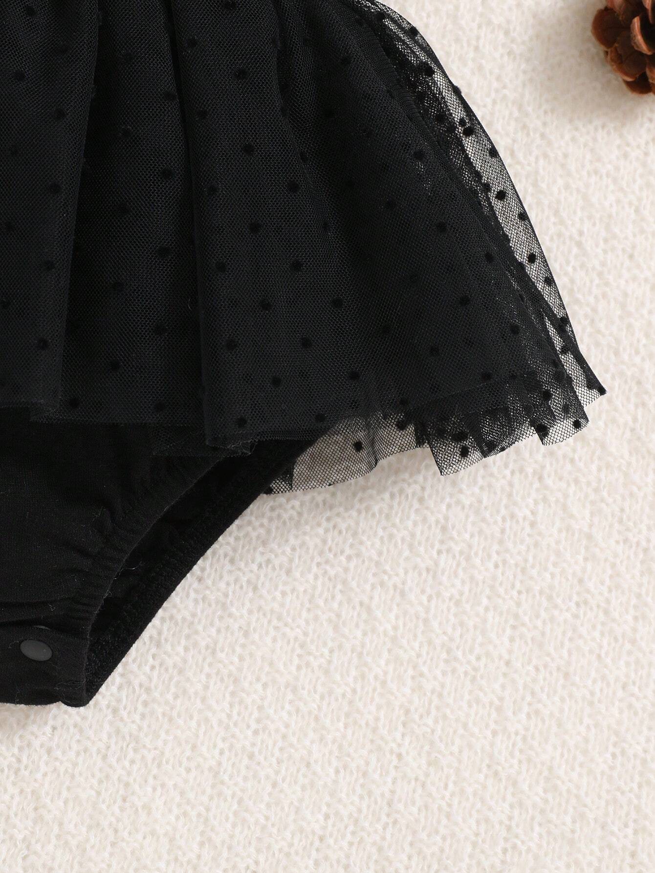Newborn Baby Girl Solid Color Bubble Sleeve Mesh Ruffle Trim Bodysuit