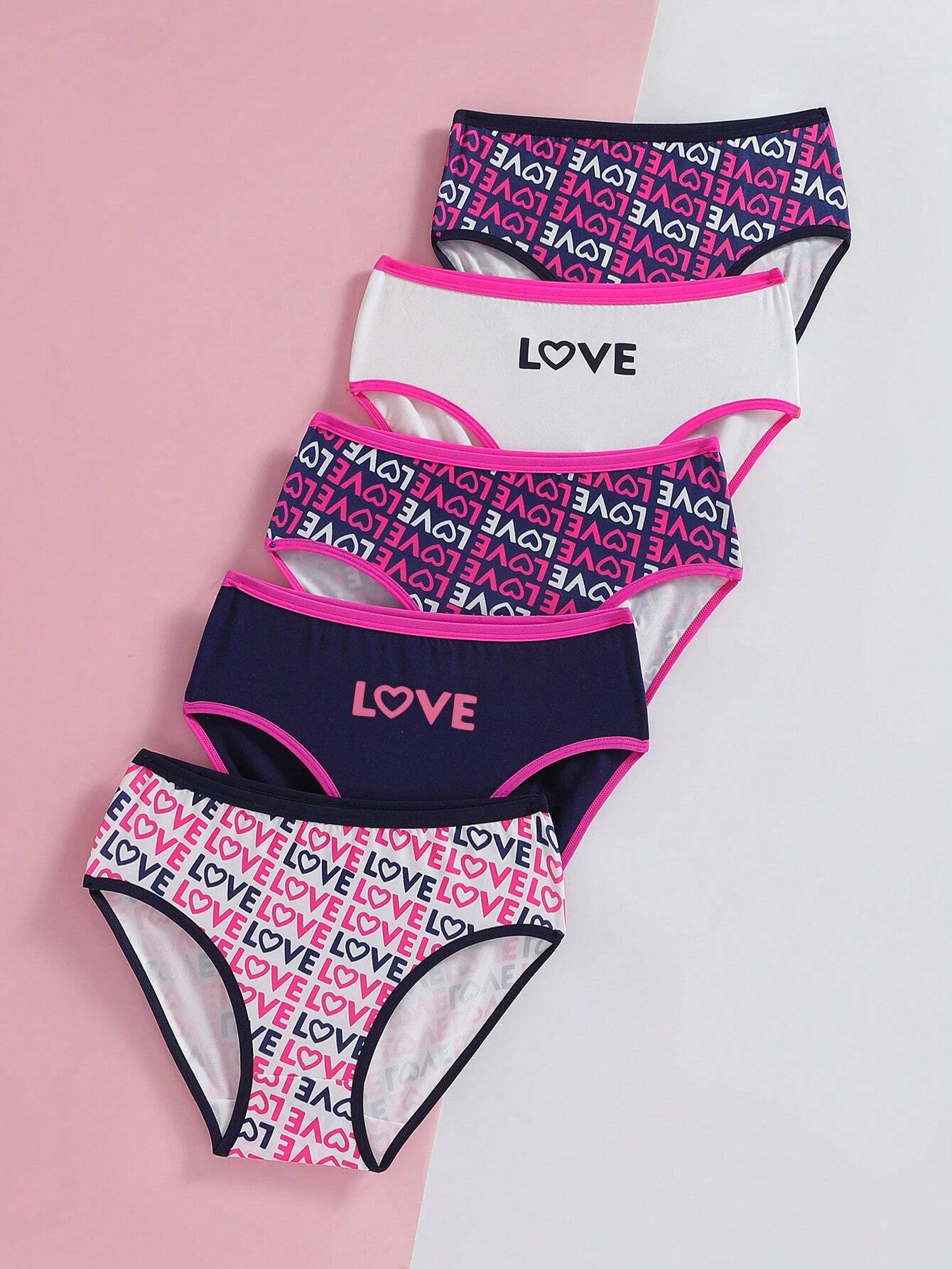 Tween Girl Heart Letter Printed American Retro Style Multicolor Underwear Set Multicolor