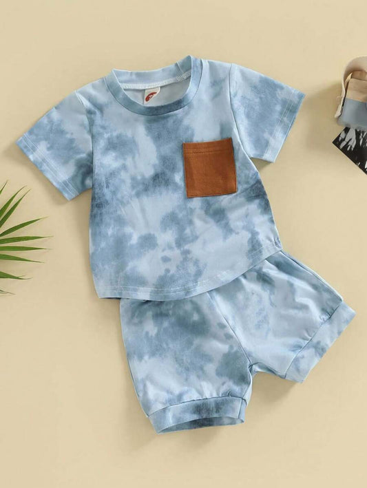 Baby Boy Short-Sleeve Blue Tie-Dye Top With Brown Pocket And Shorts Set Baby Blue