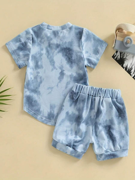 Baby Boy Short-Sleeve Blue Tie-Dye Top With Brown Pocket And Shorts Set