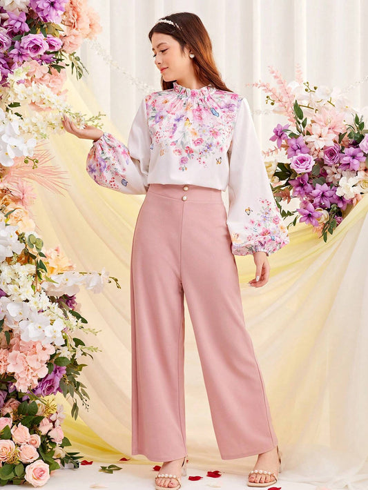 Teen Girl's Woven Floral Print Lantern Sleeve Shirt And Faux Pearl Button Decorated Pants Outfits Pink