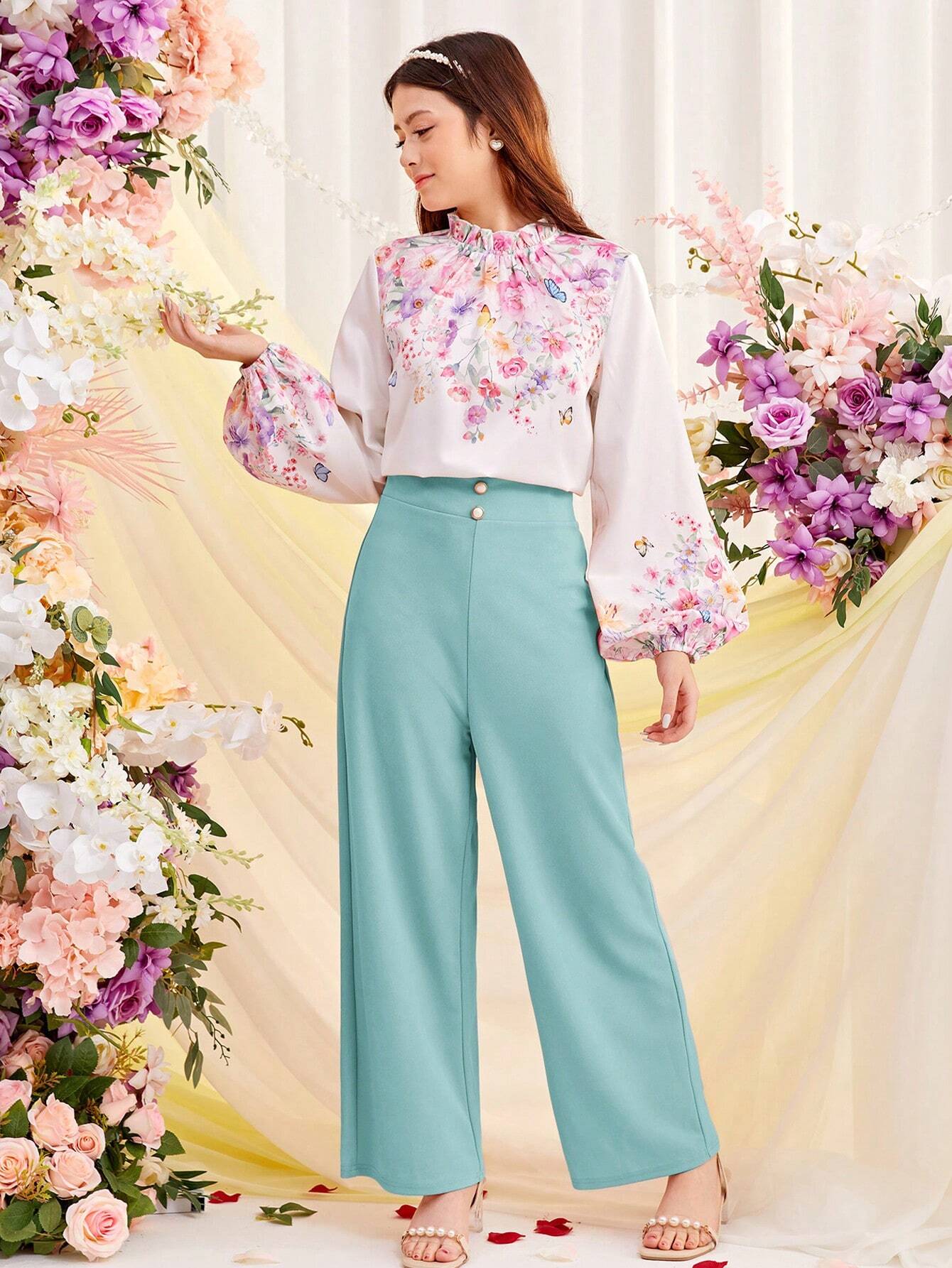 Teen Girl's Woven Floral Print Lantern Sleeve Shirt And Faux Pearl Button Decorated Pants Outfits Mint Green