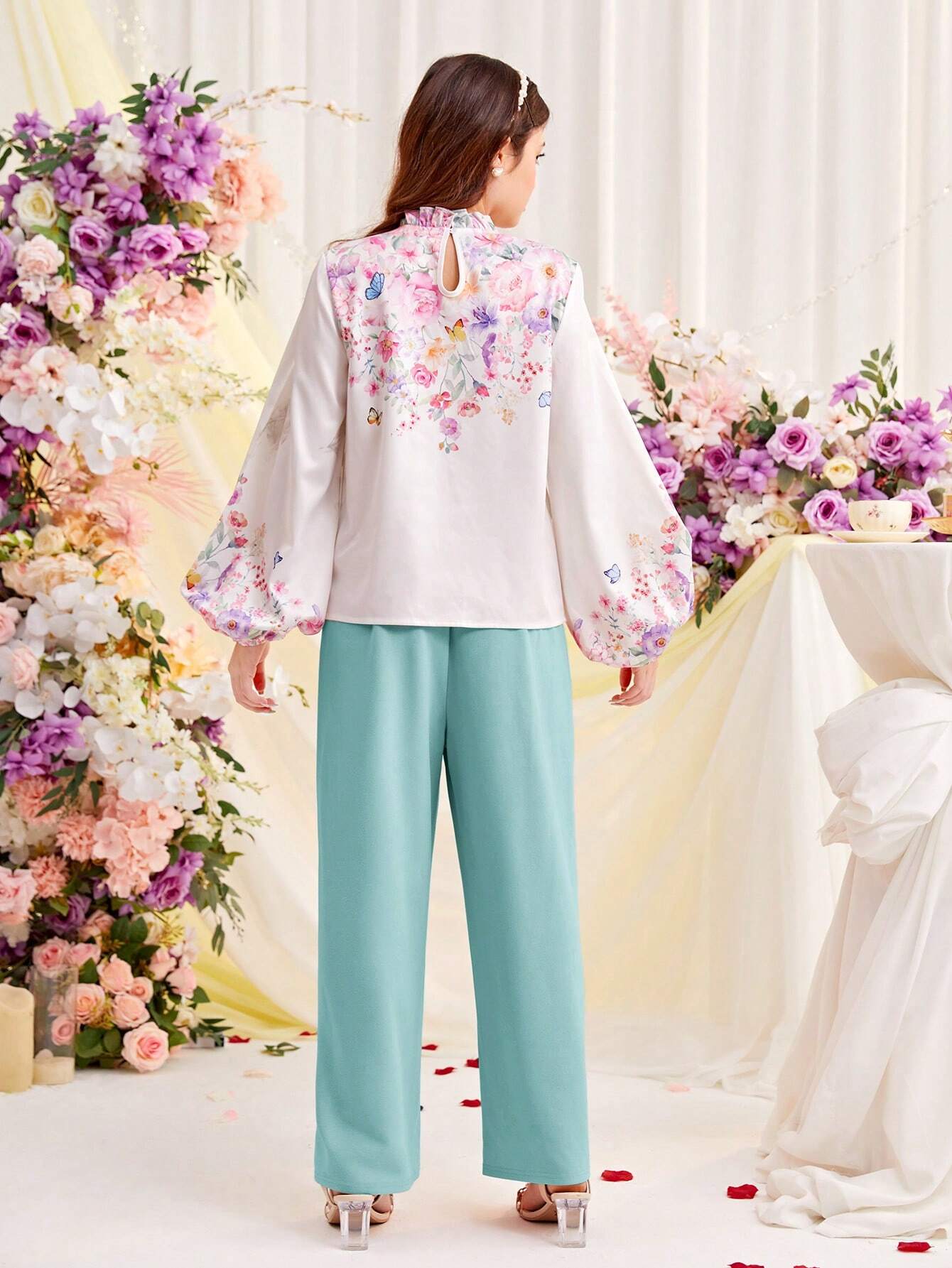 Teen Girl's Woven Floral Print Lantern Sleeve Shirt And Faux Pearl Button Decorated Pants Outfits