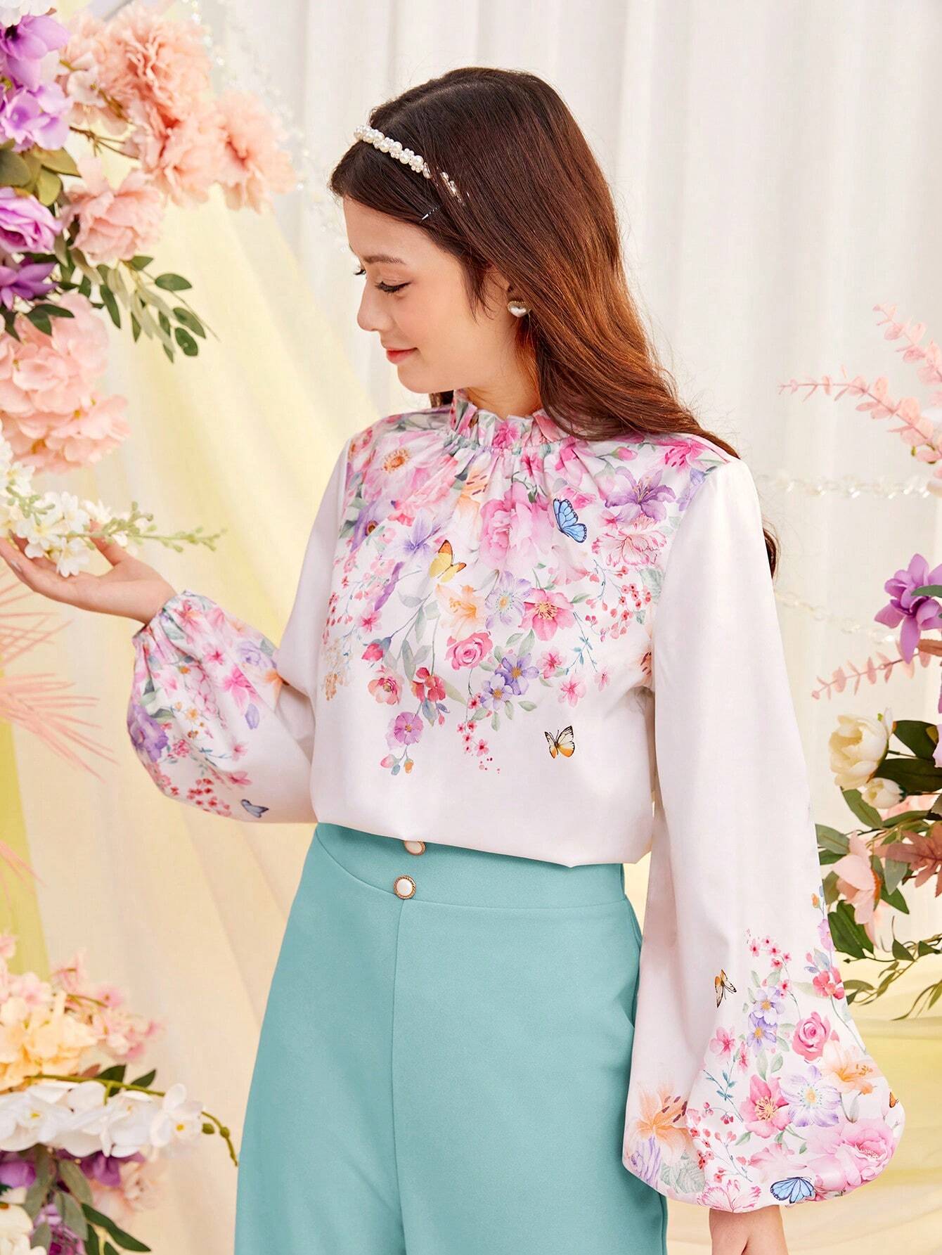 Teen Girl's Woven Floral Print Lantern Sleeve Shirt And Faux Pearl Button Decorated Pants Outfits