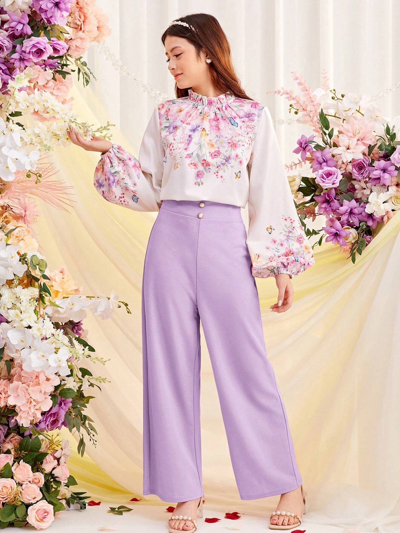 Teen Girl's Woven Floral Print Lantern Sleeve Shirt And Faux Pearl Button Decorated Pants Outfits Mauve Purple