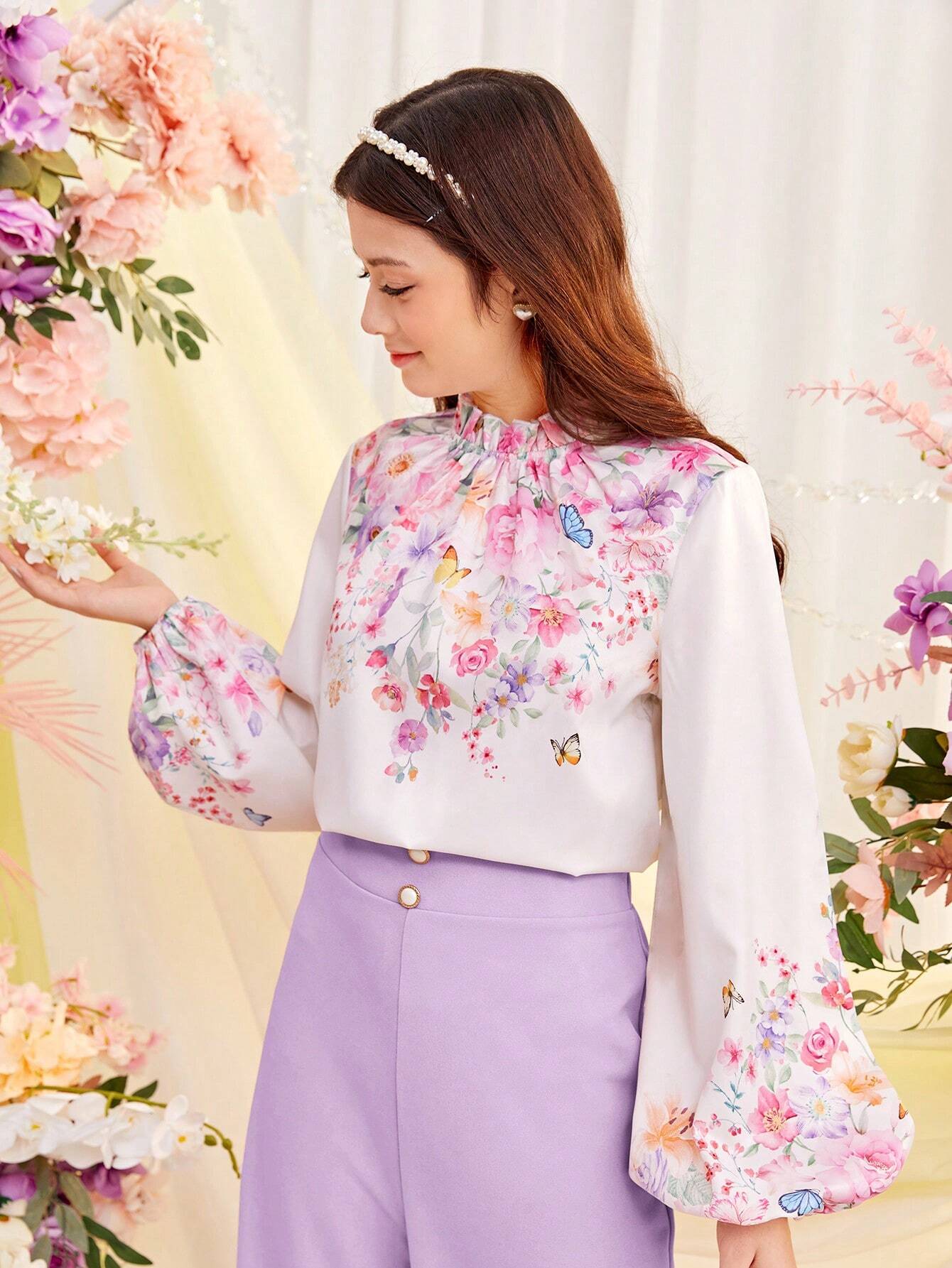 Teen Girl's Woven Floral Print Lantern Sleeve Shirt And Faux Pearl Button Decorated Pants Outfits