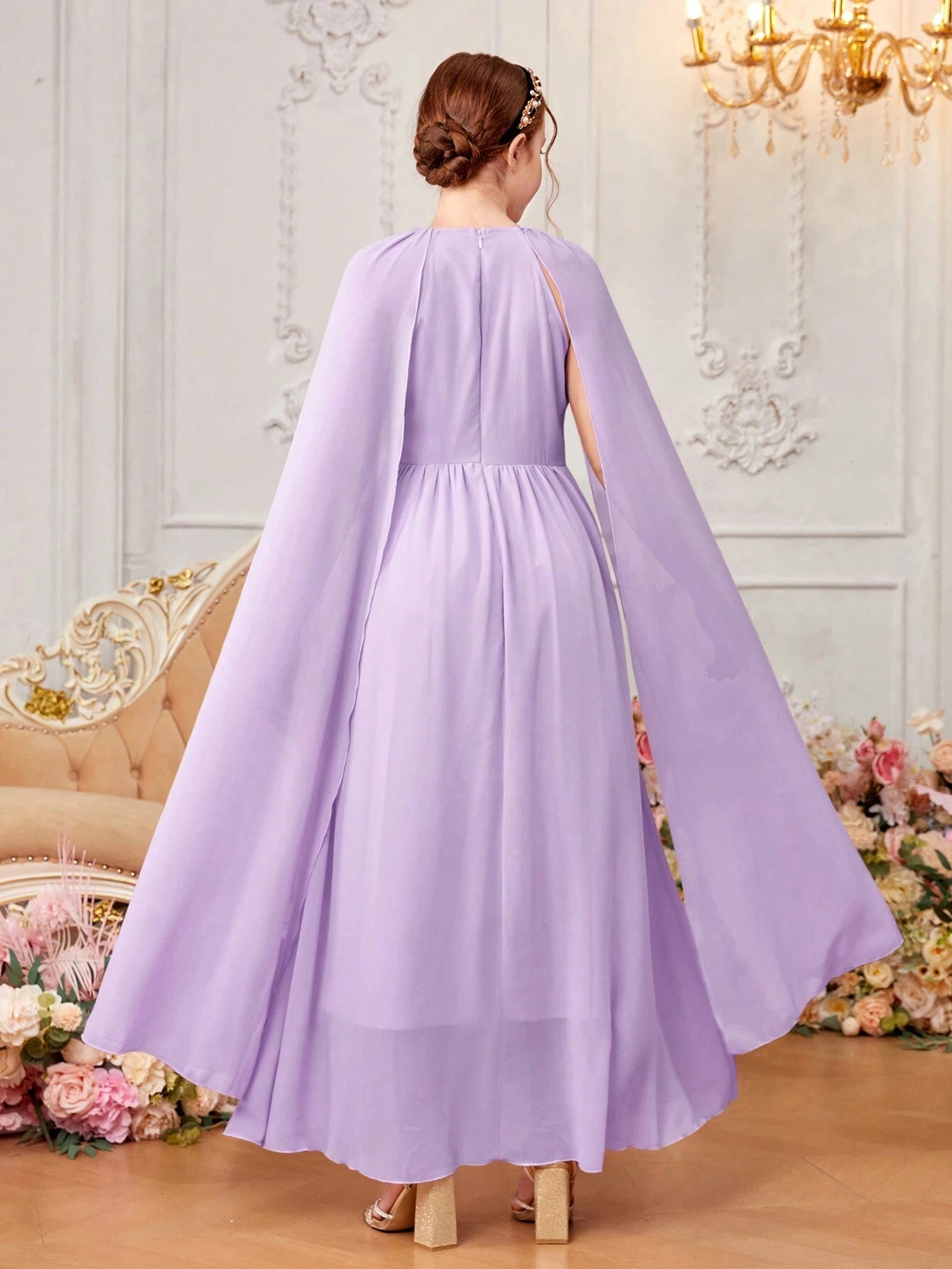 Teen Girls' Woven Chiffon Solid Color Kimono Sleeve Casual Dress