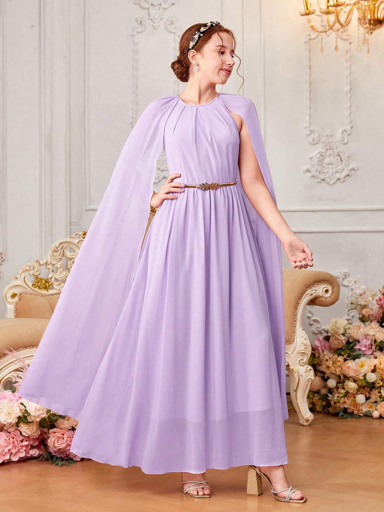 Teen Girls' Woven Chiffon Solid Color Kimono Sleeve Casual Dress Mauve Purple