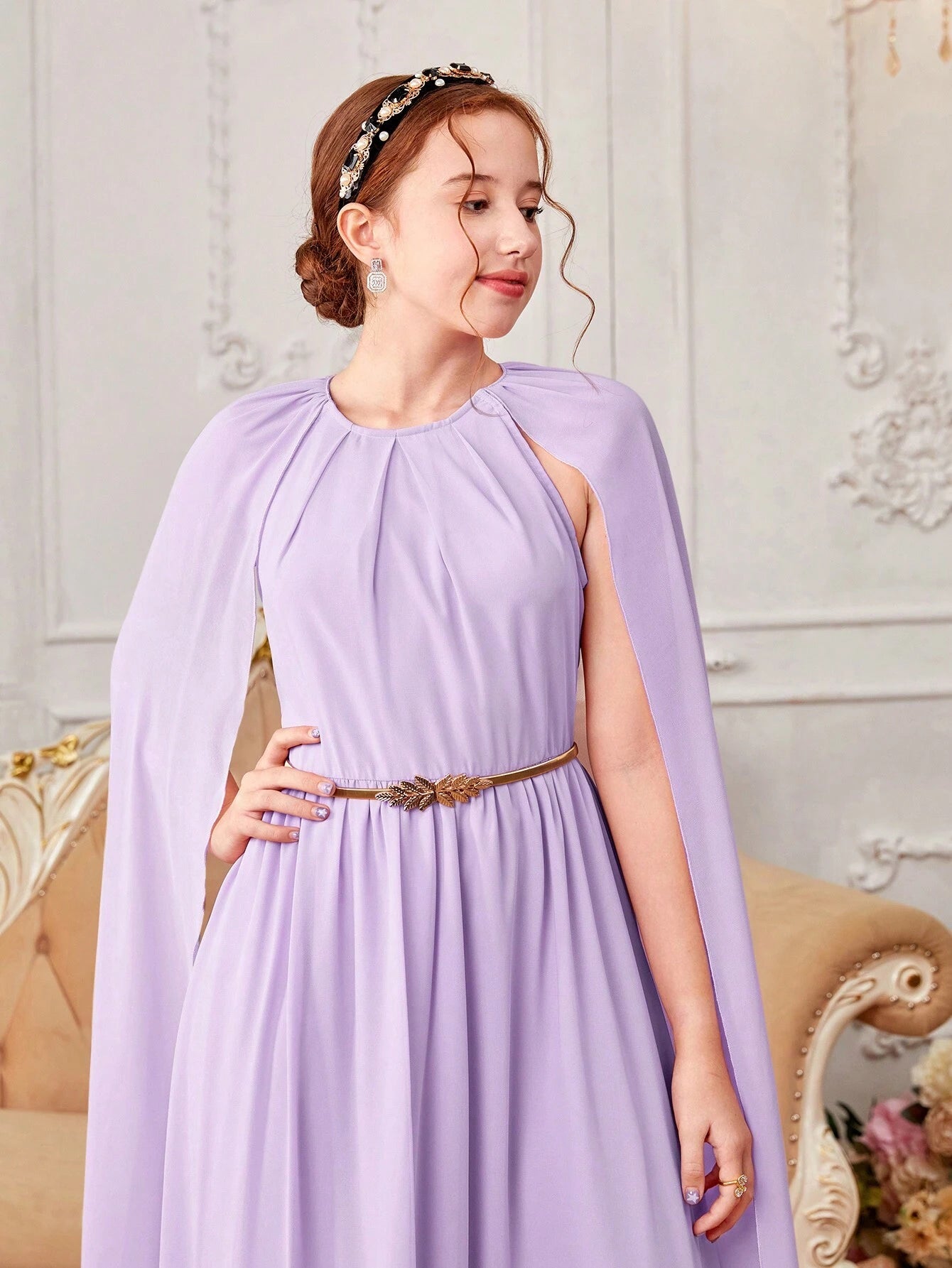 Teen Girls' Woven Chiffon Solid Color Kimono Sleeve Casual Dress