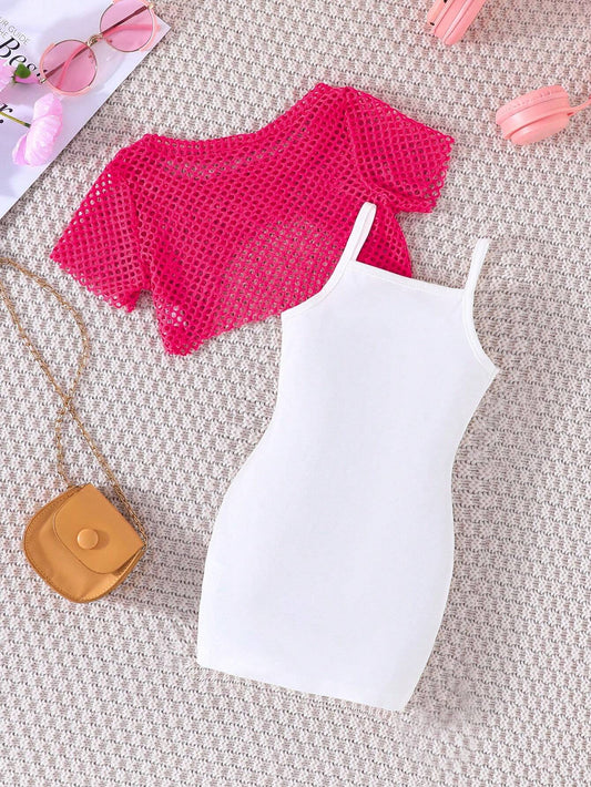 2pcs Young Girl's Fashion Lace Crop Top And Lettered Print Spaghetti Strap Dress Set
