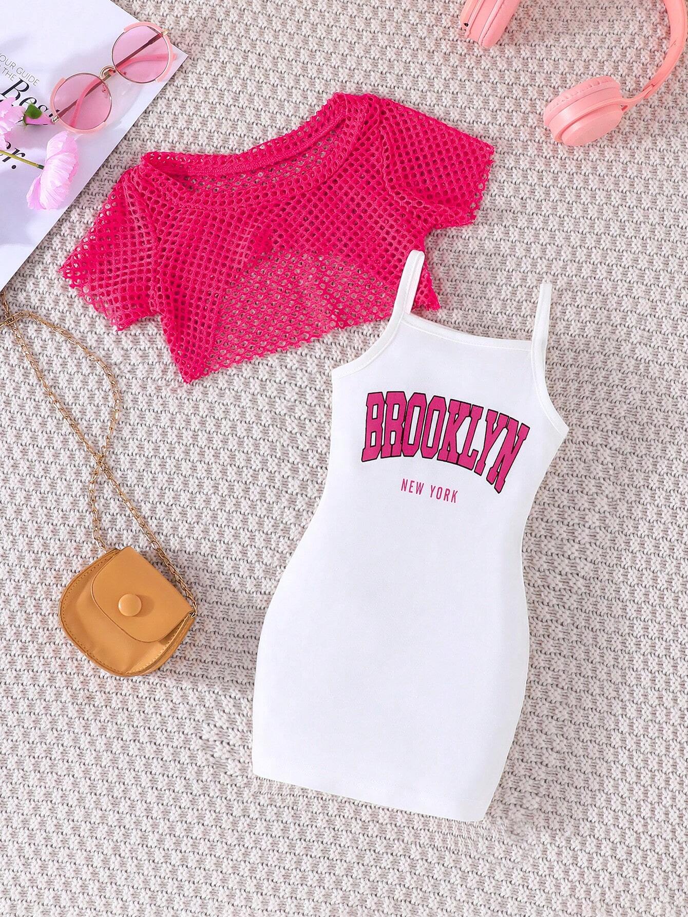 2pcs Young Girl's Fashion Lace Crop Top And Lettered Print Spaghetti Strap Dress Set Hot Pink