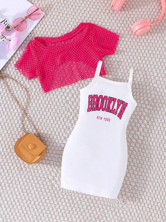 2pcs Young Girl's Fashion Lace Crop Top And Lettered Print Spaghetti Strap Dress Set Hot Pink