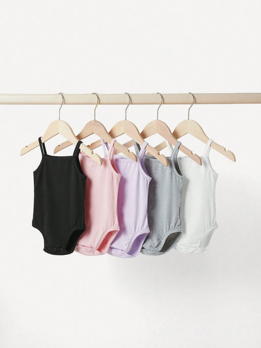 Baby Girl 5pcs Casual Knitted Comfortable Solid Color Bodysuit With Straps And Snaps Multicolor