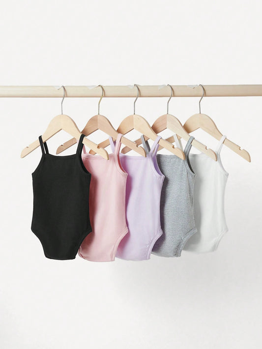 Baby Girl 5pcs Casual Knitted Comfortable Solid Color Bodysuit With Straps And Snaps