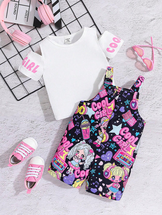 Stylish Off-Shoulder Short Sleeve Top And Cute Cartoon Digital Printed Suspenders Shorts Multicolor