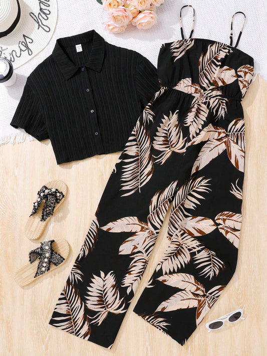 Teen Girl Woven Solid Color Raised Grid Collar Short Sleeve Shirt & Plant Printed Spaghetti Strap Jumpsuit Black
