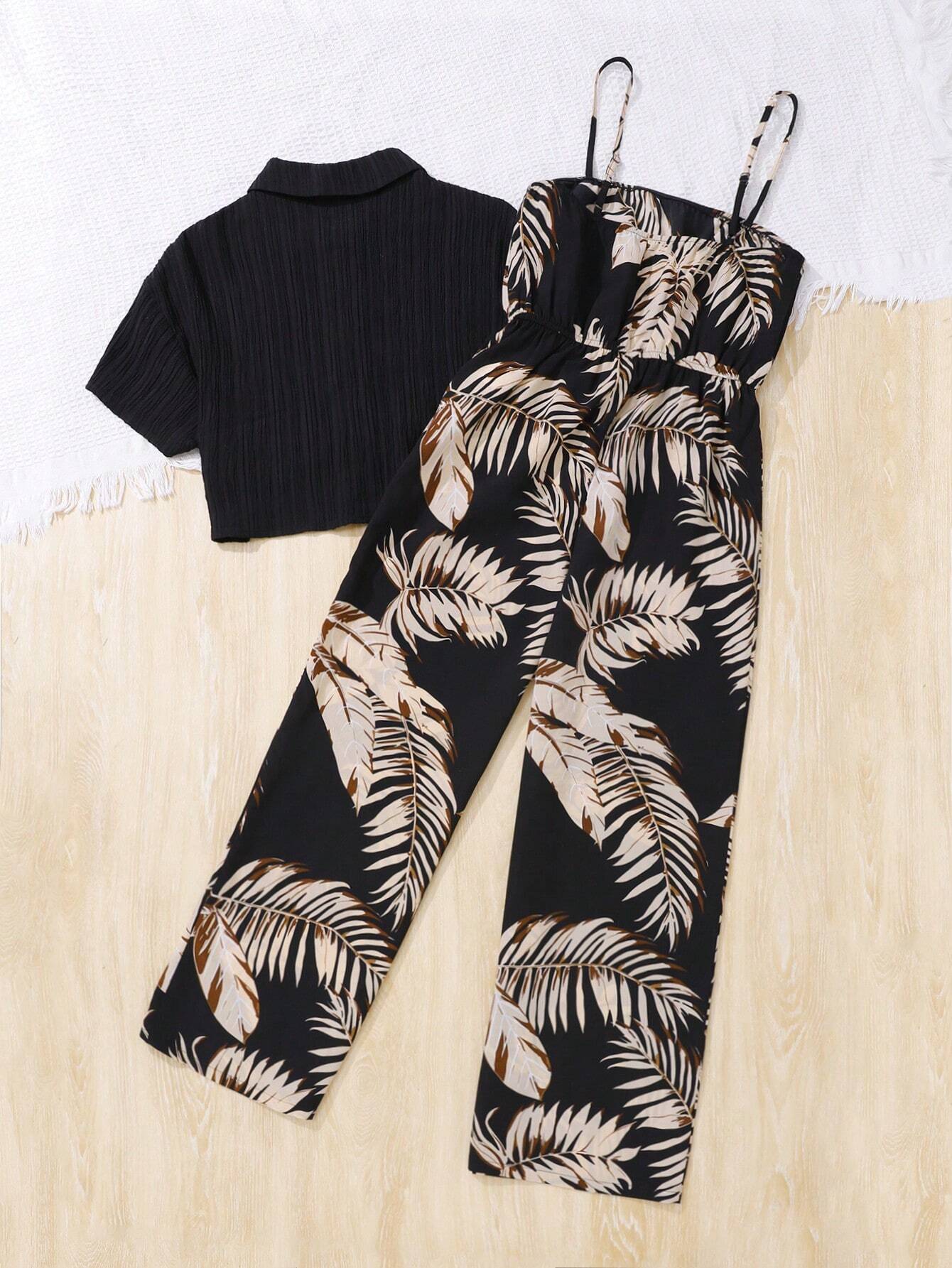 Teen Girl Woven Solid Color Raised Grid Collar Short Sleeve Shirt & Plant Printed Spaghetti Strap Jumpsuit