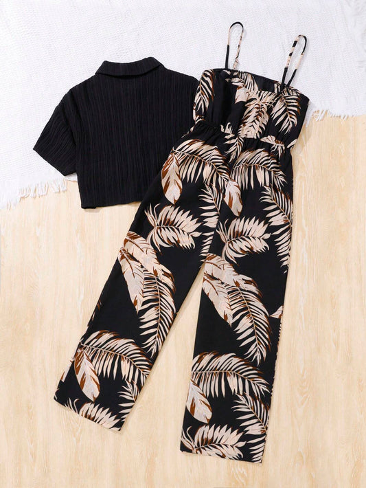 Teen Girl Woven Solid Color Raised Grid Collar Short Sleeve Shirt & Plant Printed Spaghetti Strap Jumpsuit