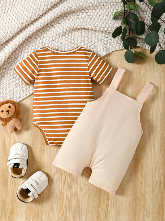 Baby Boy Summer Round Neck Short Sleeve Striped Romper + Lion Embroidery Overalls Set