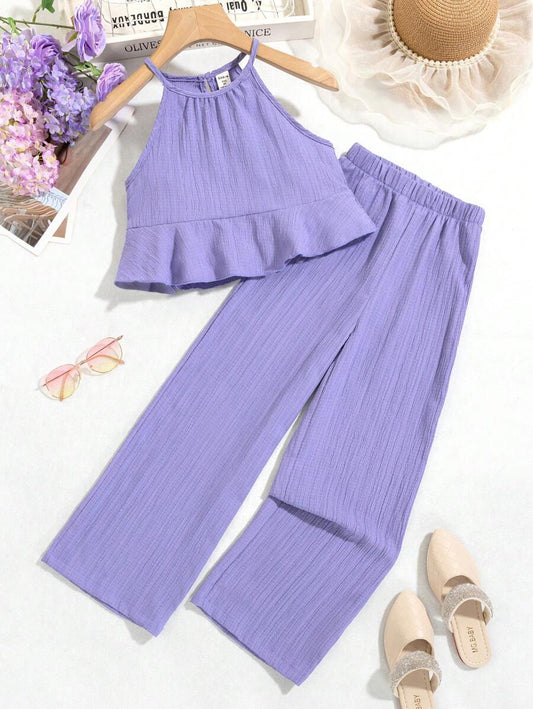 Young Girl Summer Solid Color Ruffle Hem Cami Top And Wide Leg Pants Light Purple 6Y