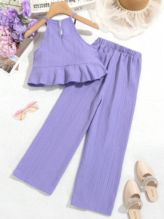Young Girl Summer Solid Color Ruffle Hem Cami Top And Wide Leg Pants