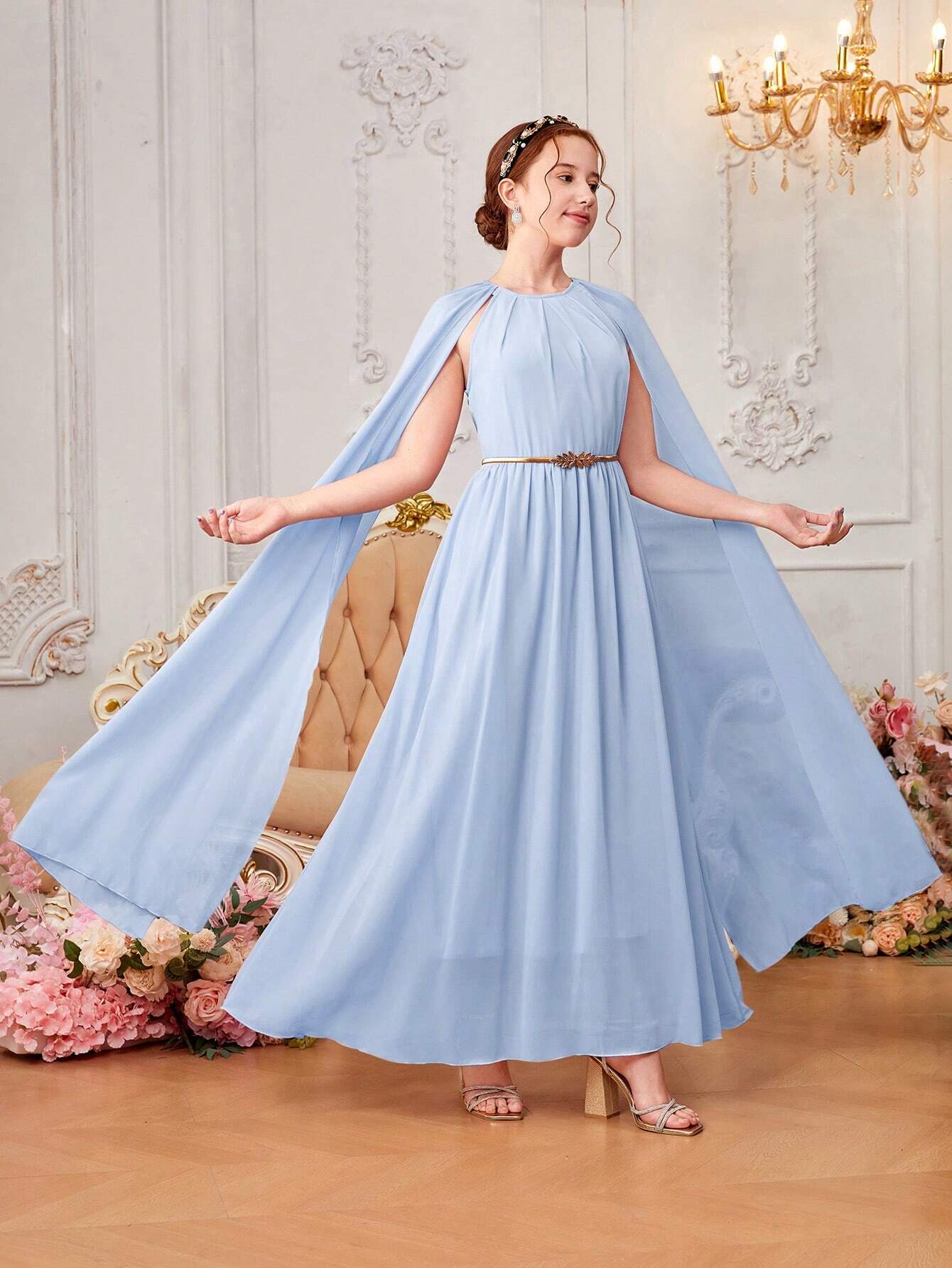 Teen Girls' Woven Chiffon Solid Color Kimono Sleeve Casual Dress Baby Blue