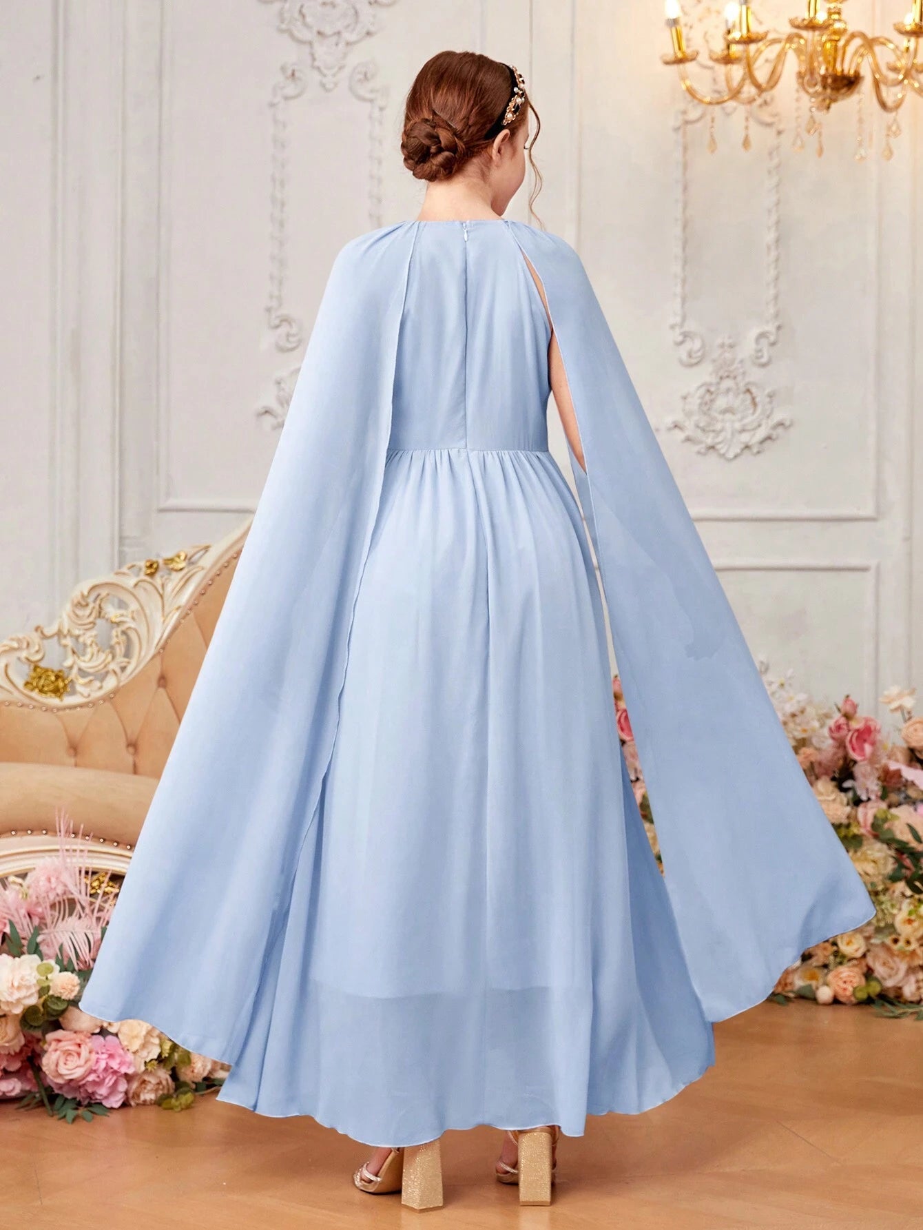 Teen Girls' Woven Chiffon Solid Color Kimono Sleeve Casual Dress