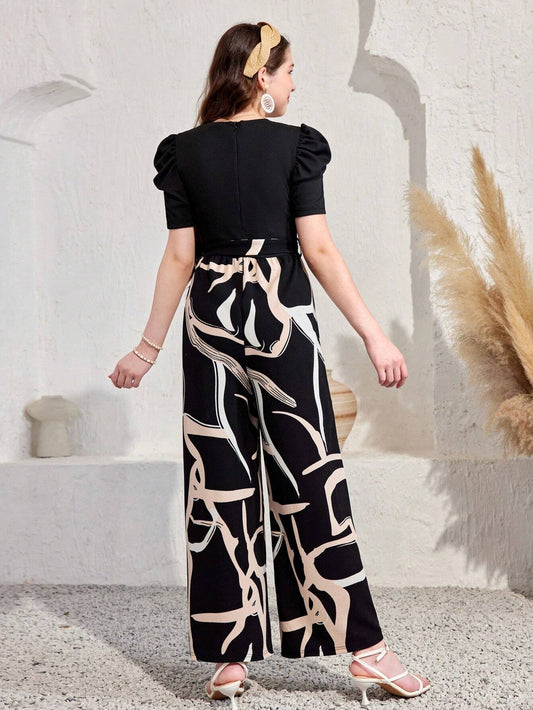 Teenage Girls' Black And White Geometric Print Jumpsuit With Bow Belt
