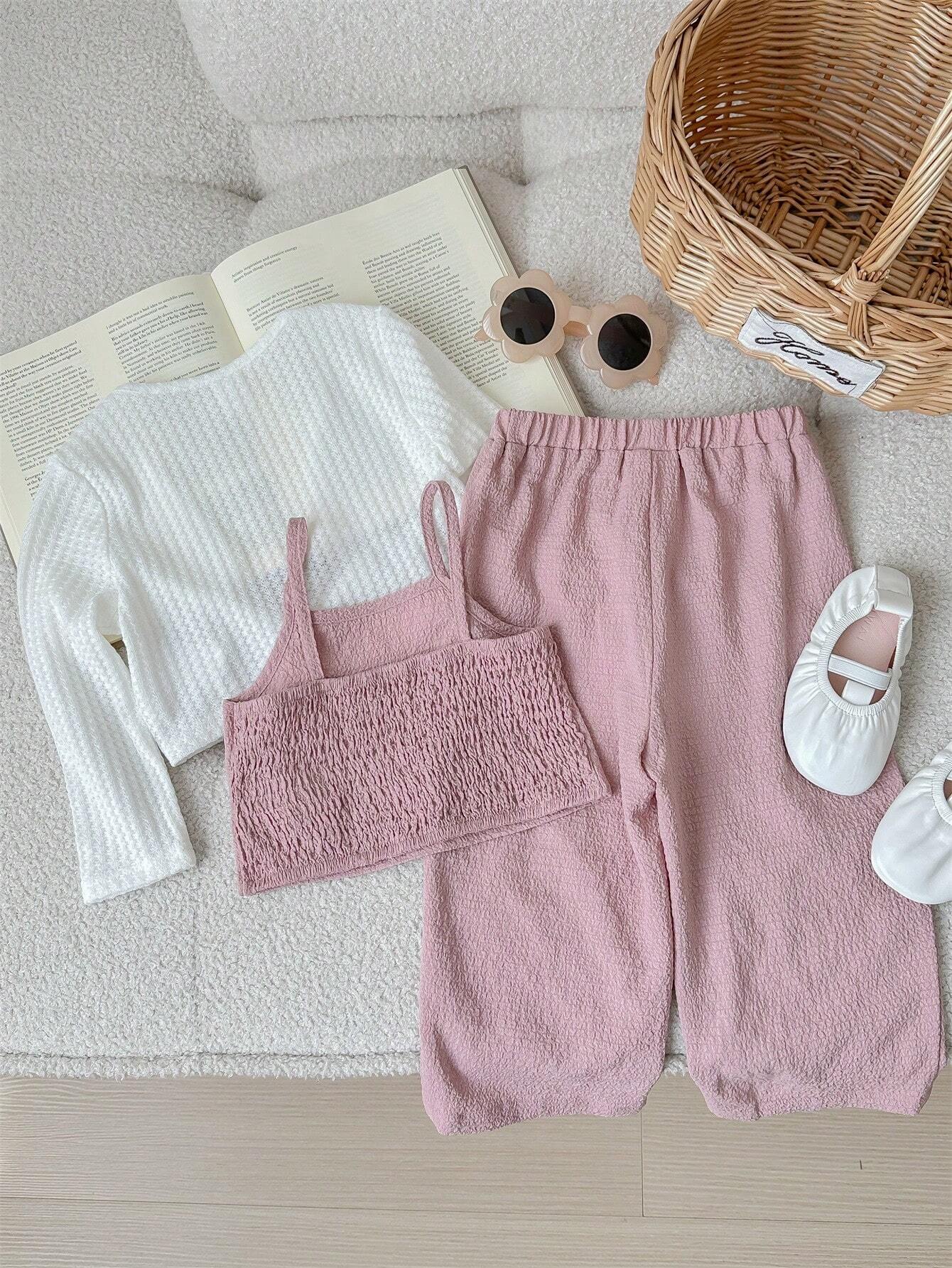 Baby Girl Cute Casual Knitted Long Sleeve Cardigan, Solid Color Tank Top & Long Pants