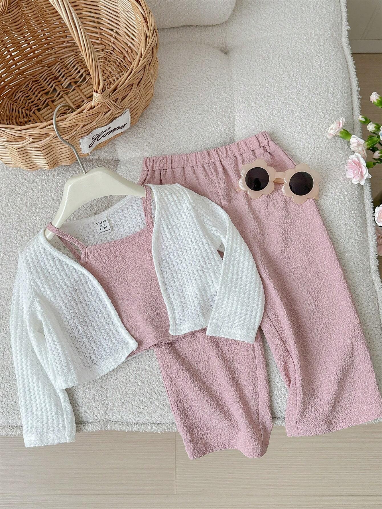 Baby Girl Cute Casual Knitted Long Sleeve Cardigan, Solid Color Tank Top & Long Pants Pink