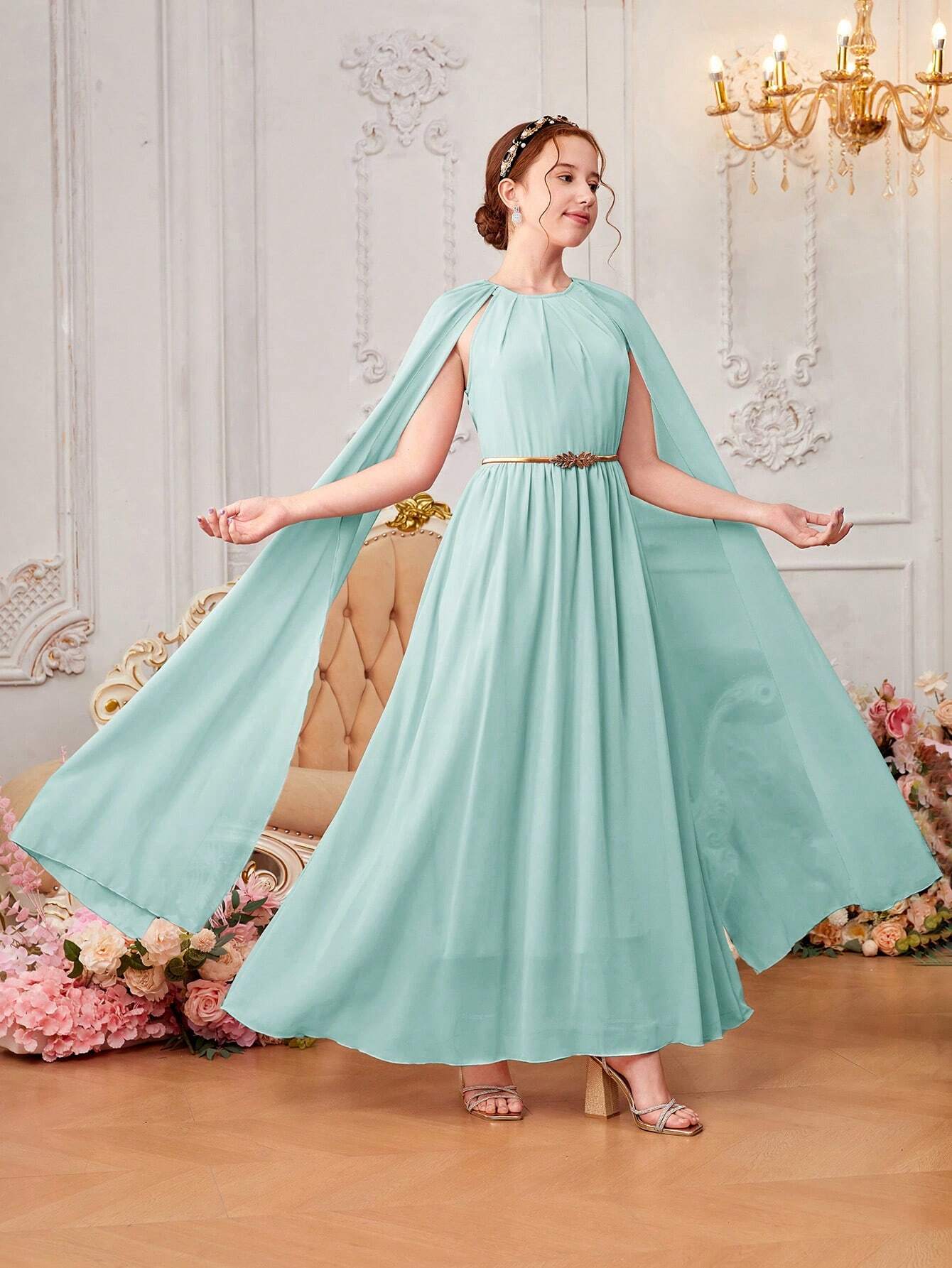 Teen Girls' Woven Chiffon Solid Color Kimono Sleeve Casual Dress Mint Blue