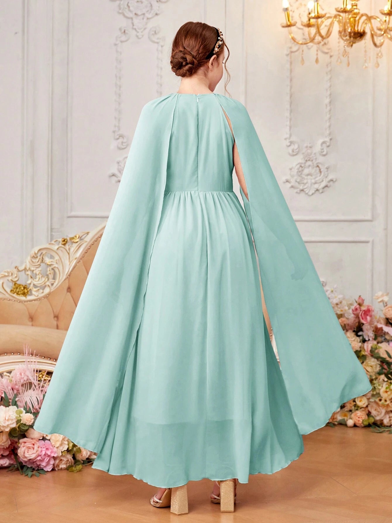 Teen Girls' Woven Chiffon Solid Color Kimono Sleeve Casual Dress
