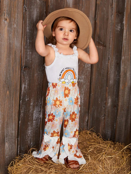 Baby Girl Cartoon Printed Ruffle Strap Sleeveless Jumpsuit And Floral Printed Pants Set White