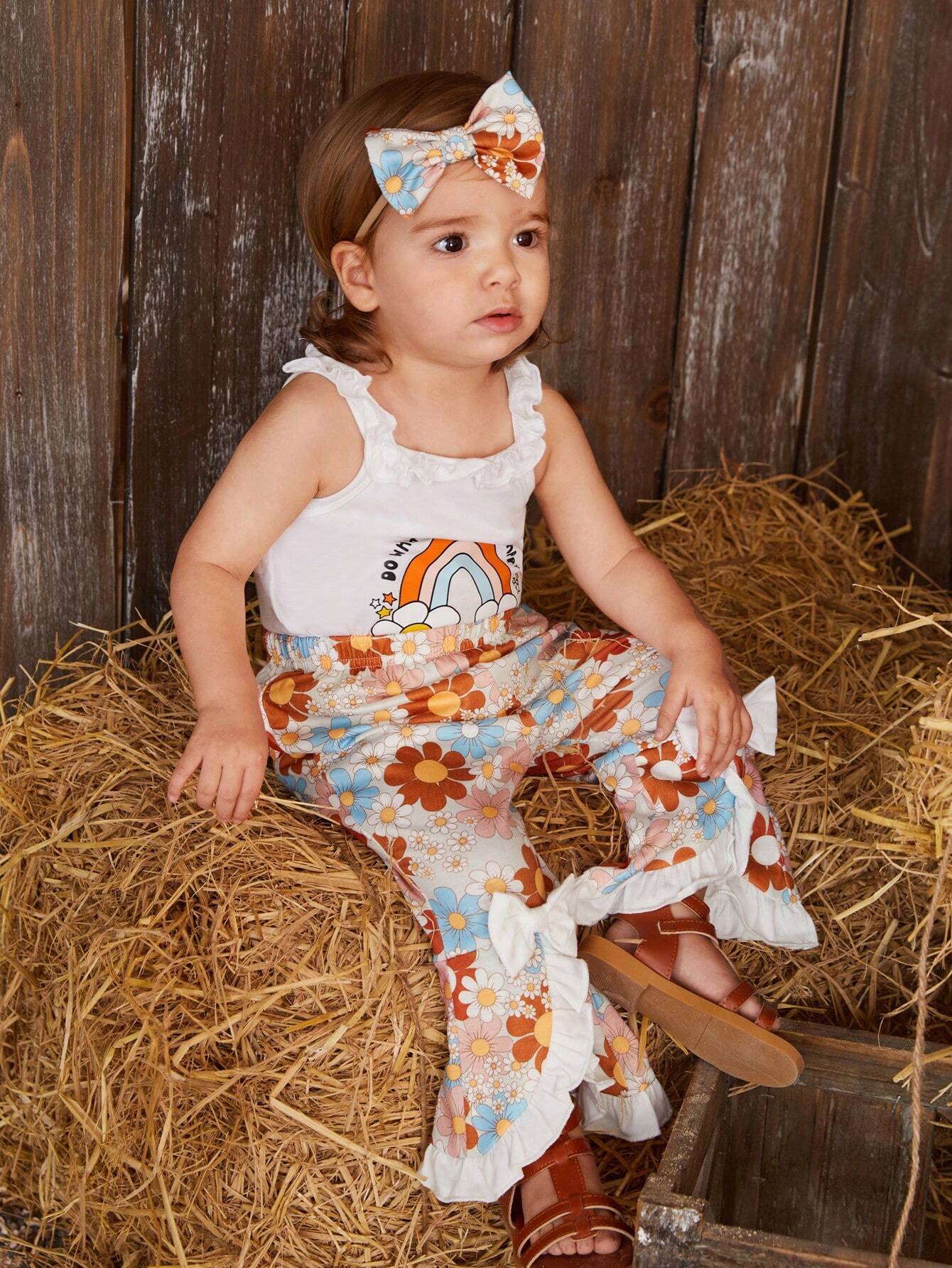 Baby Girl Cartoon Printed Ruffle Strap Sleeveless Jumpsuit And Floral Printed Pants Set
