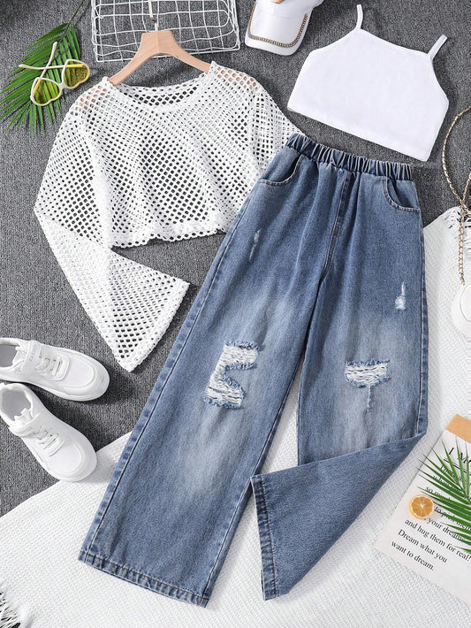Teen Girls Solid Color Simple Daily Top & Jeans Set Medium Wash