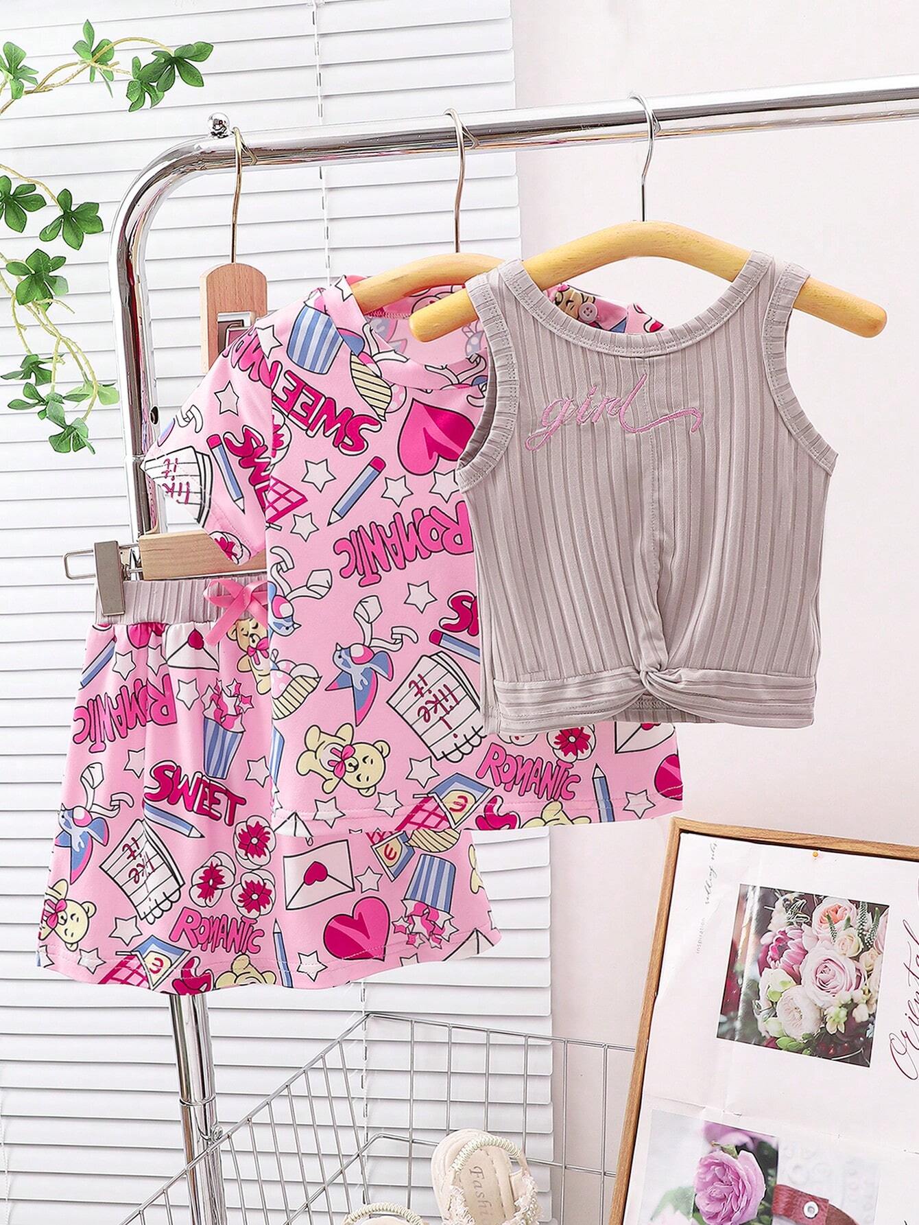3pcs Baby Girls' Fashionable And Stylish Outfit Set, Printed Sleeveless Top And Skirt With Headband Multicolor