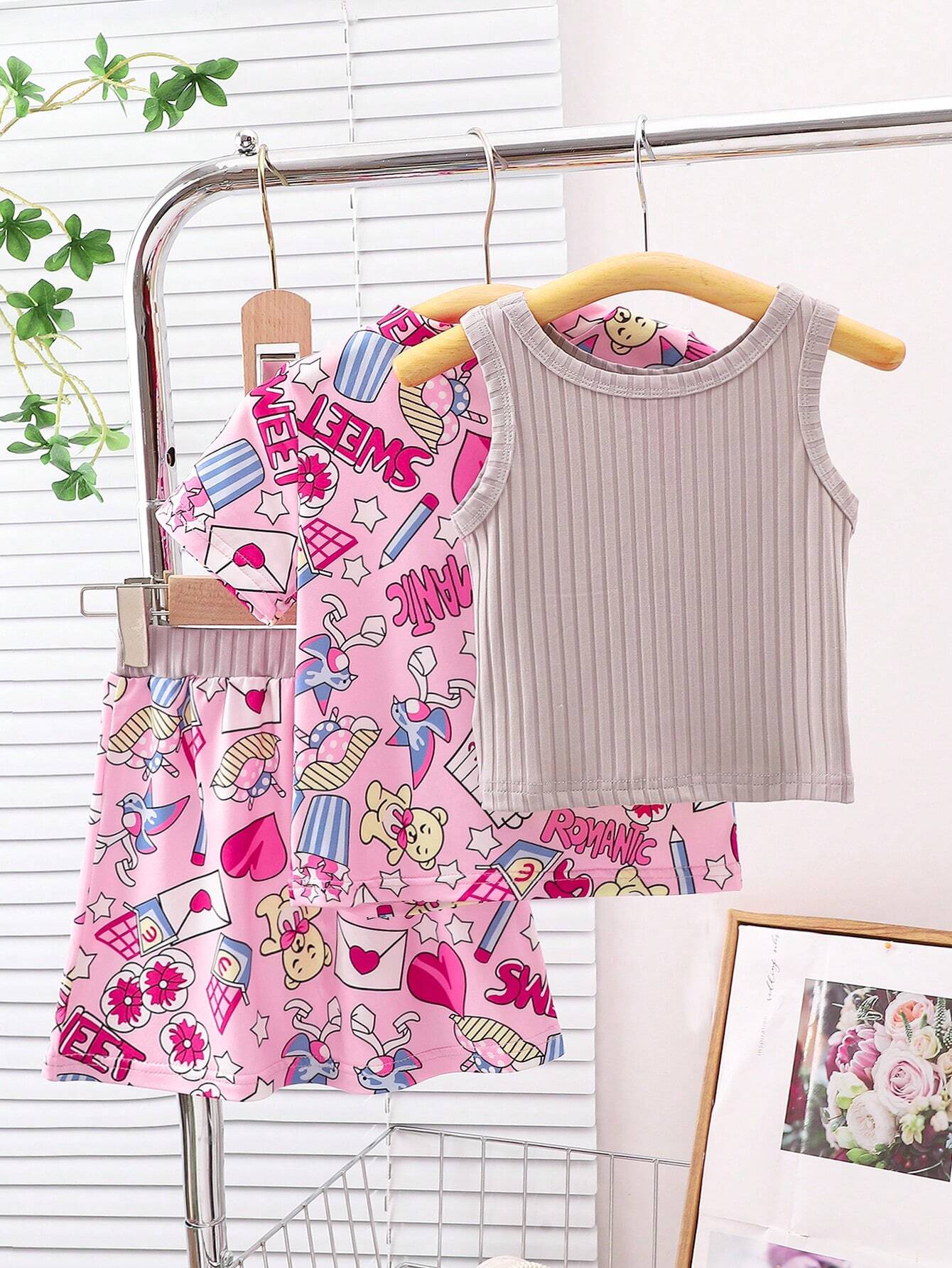 3pcs Baby Girls' Fashionable And Stylish Outfit Set, Printed Sleeveless Top And Skirt With Headband