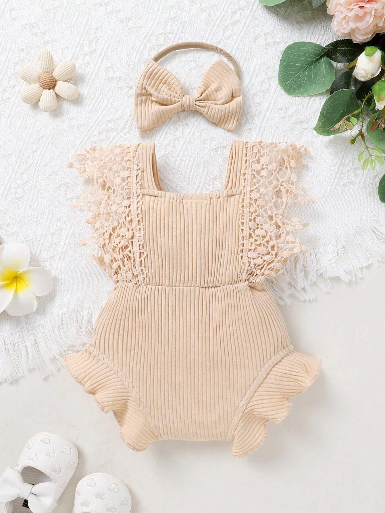Cute Baby Girl's Soft, Comfortable, Breathable Solid Color Hollow Out Fringe Dress Romper With Headband