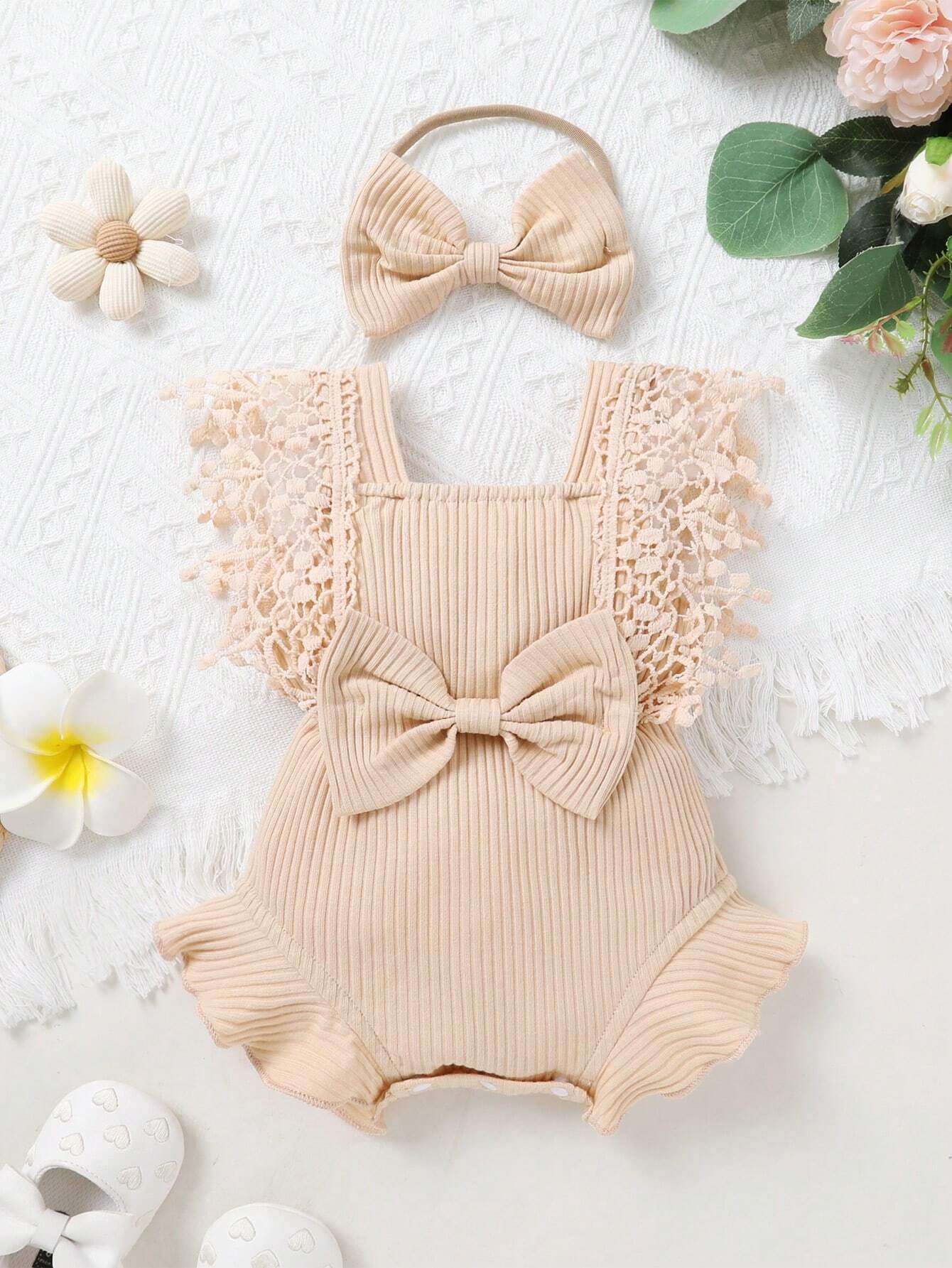 Cute Baby Girl's Soft, Comfortable, Breathable Solid Color Hollow Out Fringe Dress Romper With Headband Apricot