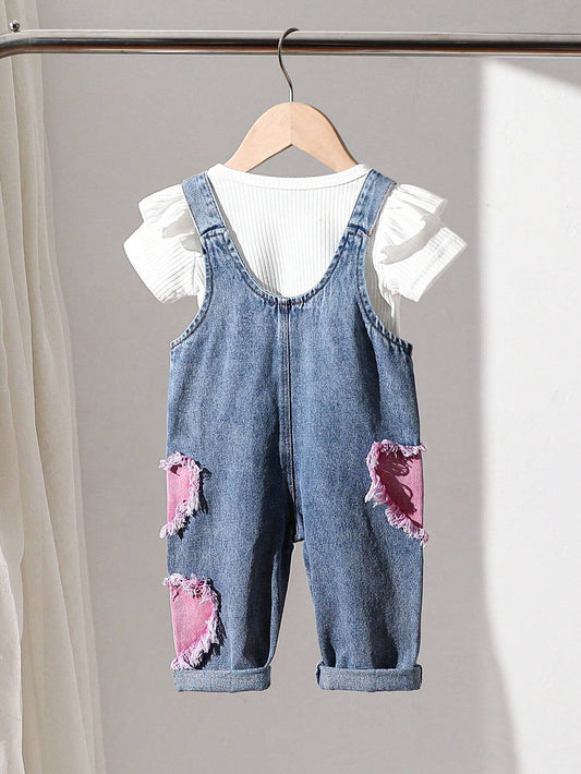 Baby Girl Ruffle Trim Short Sleeve T-Shirt And Heart Patchwork Overalls
