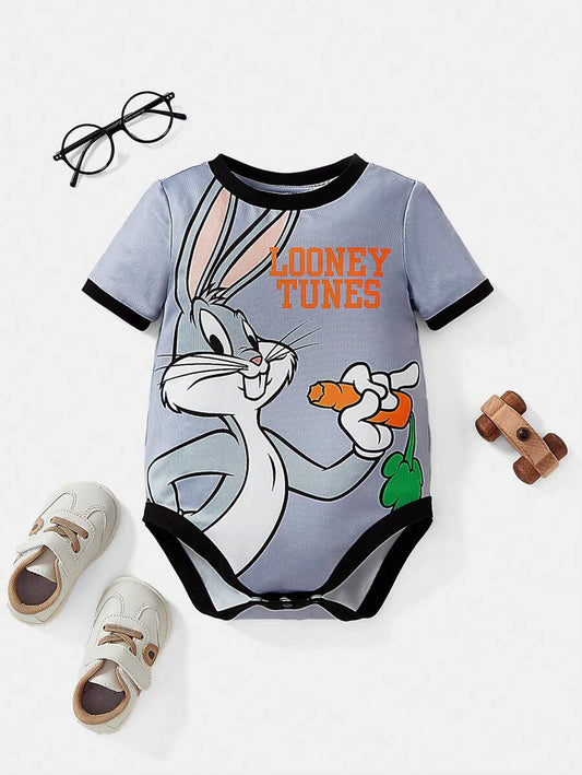 Baby Boy Cute Cartoon Rabbit And English Letters Printed Ringer Bodysuit Multicolor 12-18M