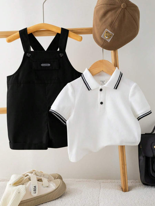 Colorblock Flat Knit Collar Polo Shirt & Suspender Shorts Set Black 12-18M