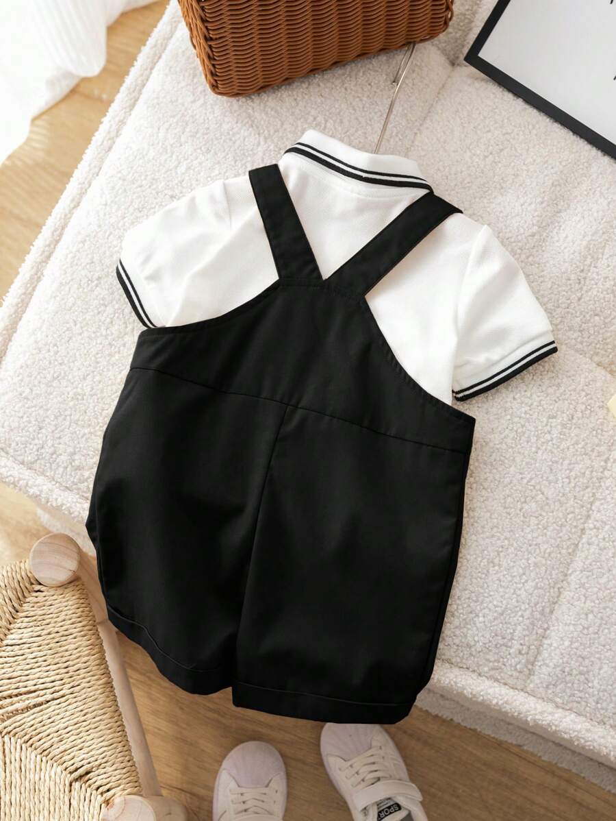 Colorblock Flat Knit Collar Polo Shirt & Suspender Shorts Set
