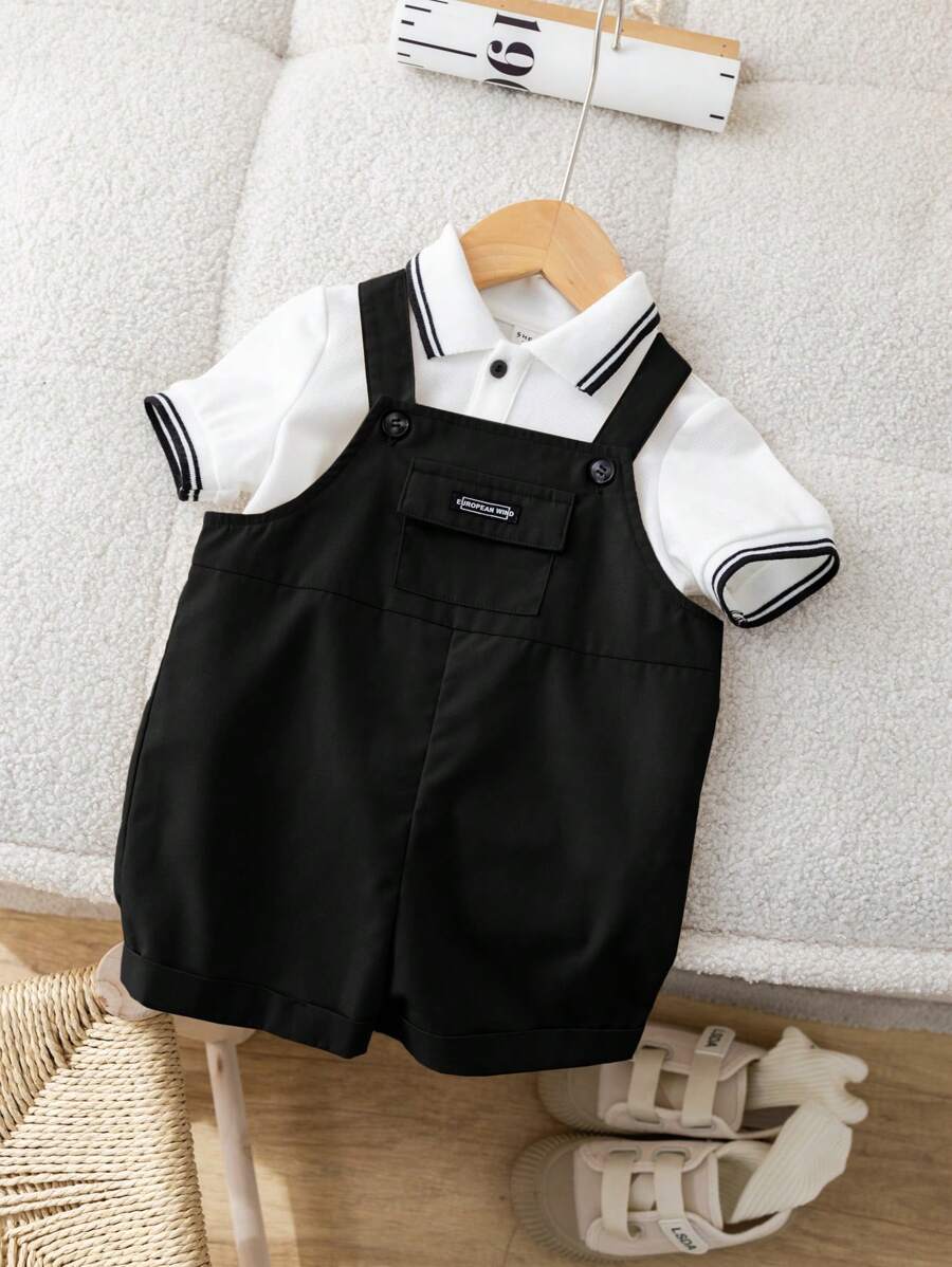 Colorblock Flat Knit Collar Polo Shirt & Suspender Shorts Set